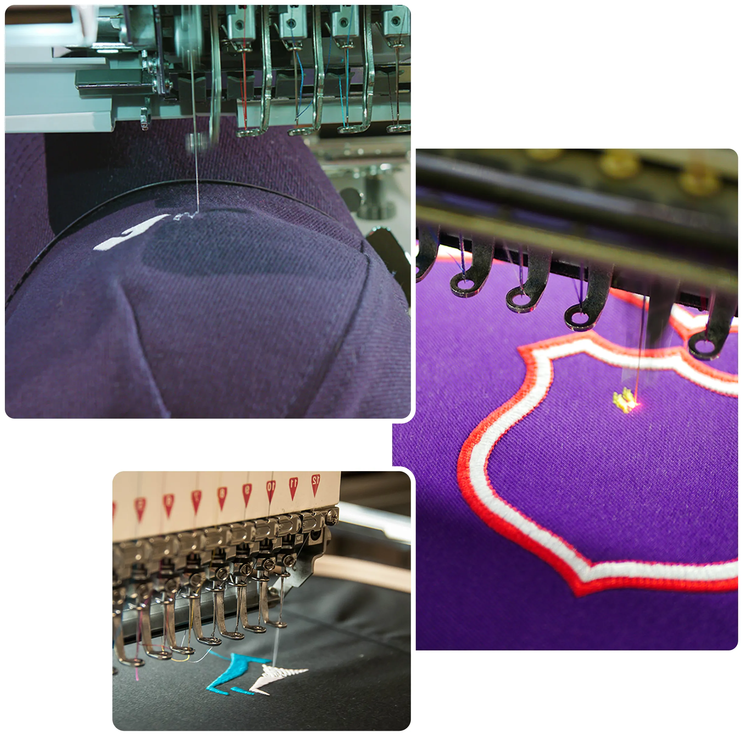 Three images of embroidery machines stitching logos and patterns onto fabric materials.