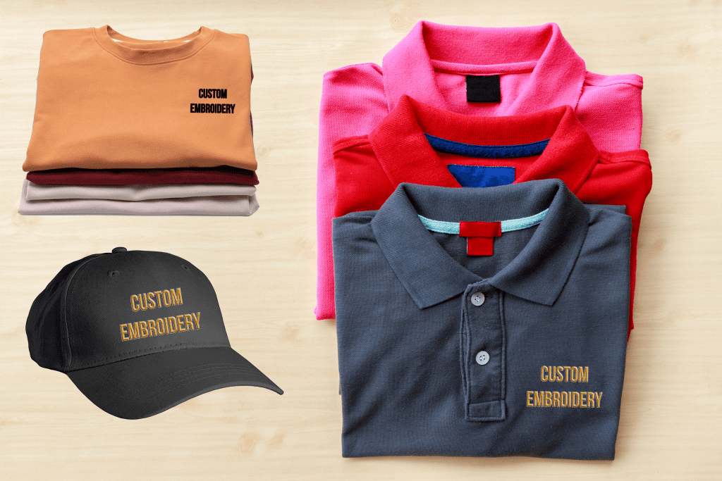 A group of different colored shirts and hats.